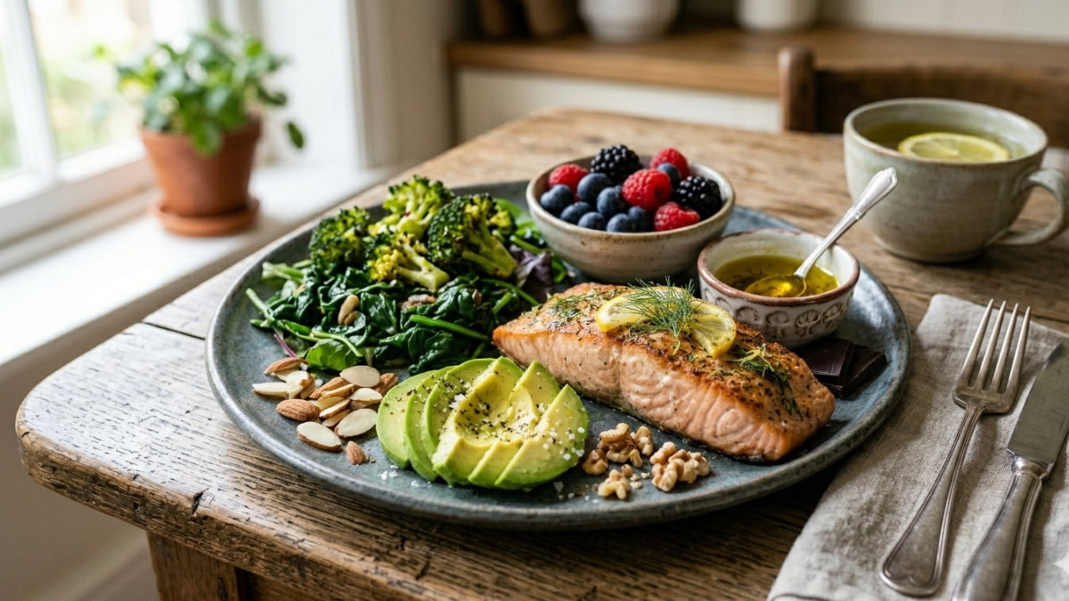 Colorful antioxidant-rich foods like berries, green tea, turmeric and leafy greens on a clean table