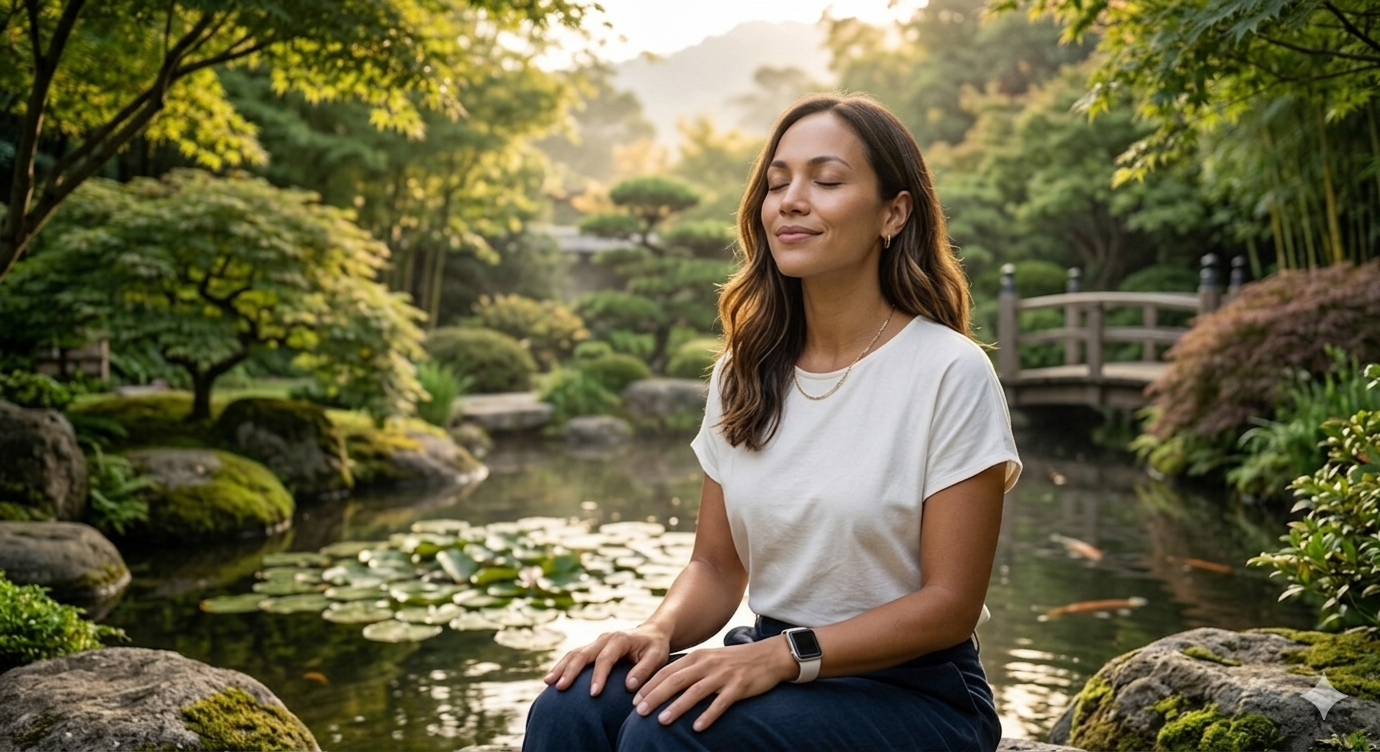 Calm person practicing breathing techniques in a peaceful environment to reduce anxiety naturally