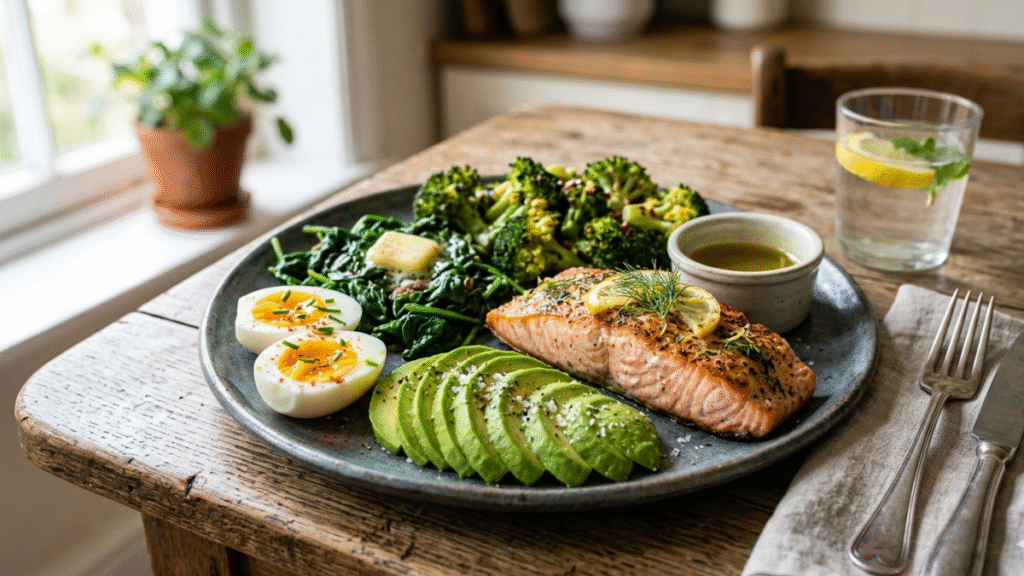 Healthy keto meal with avocado, eggs, salmon and leafy greens on a clean table