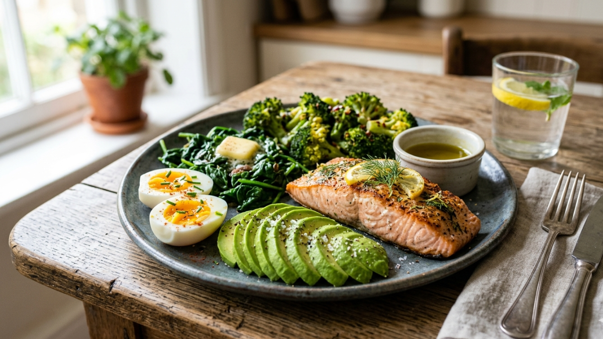 Healthy keto meal with avocado, eggs, salmon and leafy greens on a clean table