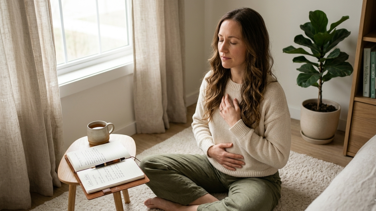 Person practicing calm daily habits like breathing and journaling to reduce anxiety fast